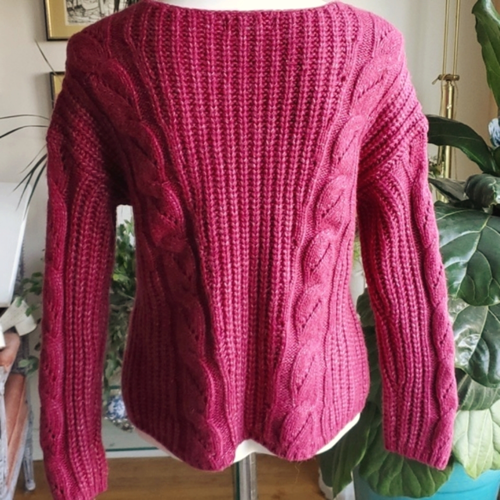 Anthropologie Ramona Dark Pink Vneck Cable Knit Sweater Chunky Oversized… - Picture 10 of 13
